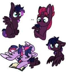 Size: 1352x1376 | Tagged: safe, artist:greyestgray, imported from derpibooru, tempest shadow, twilight sparkle, oc, oc:calvary troop, alicorn, pegasus, pony, book, colt, magical lesbian spawn, male, offspring, parent:tempest shadow, parent:twilight sparkle, parents:tempestlight, simple background, sleeping, transparent background, twilight sparkle (alicorn)