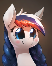 Size: 1118x1402 | Tagged: safe, artist:underpable, editor:xbi, imported from derpibooru, oc, oc only, oc:marussia, earth pony, pony, blushing, bust, gradient background, nation ponies, ponified, portrait, russia, smiling, solo