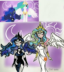 Size: 1747x1965 | Tagged: safe, artist:citi, imported from derpibooru, screencap, princess celestia, princess luna, alicorn, human, clothes, crown, cutie mark, cutie mark on clothes, floating wings, humanized, jewelry, regalia, royal sisters, scene interpretation, screencap reference, sisters, starry hair, wings