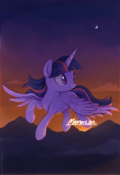 Size: 1406x2048 | Tagged: safe, artist:mn27, imported from derpibooru, twilight sparkle, alicorn, pony, cloud, crescent moon, female, flying, mare, moon, mountain, night, sky, solo, spread wings, stars, sunset, twilight sparkle (alicorn), wings