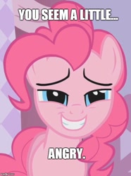 Size: 500x672 | Tagged: safe, edit, edited screencap, imported from derpibooru, screencap, pinkie pie, earth pony, pony, season 1, suited for success, caption, female, image macro, mare, meme, solo, text, trollface