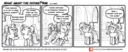 Size: 1600x655 | Tagged: safe, artist:lummh, imported from derpibooru, luster dawn, pony, unicorn, comic:what about the future, clone, comic, eyes closed, monochrome, speech bubble, walking