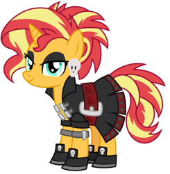 Size: 1024x1045 | Tagged: safe, artist:emeraldblast63, imported from derpibooru, sunset shimmer, pony, unicorn, alternate hairstyle, belt, clothes, ear piercing, earring, edgelight glimmer, eyeshadow, female, gameloft interpretation, goth, hoof shoes, jacket, jewelry, leather jacket, makeup, mare, piercing, simple background, skirt, skull, solo, transparent background