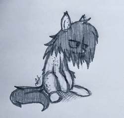 Size: 1500x1428 | Tagged: safe, artist:modocrisma, imported from derpibooru, oc, oc only, oc:sobakasu, earth pony, pony, ear fluff, eye clipping through hair, fluffy, freckles, looking away, male, monochrome, paper, pencil, photo, ponysona, signature, sitting, solo, teenager, traditional art, watermark