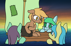 Size: 1400x909 | Tagged: safe, artist:dacaoo, imported from derpibooru, oc, oc only, oc:ripple, oc:turpentine, earth pony, pony, sea pony, seapony (g4), fanfic art, raft, water