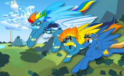 Size: 5752x3550 | Tagged: safe, artist:littletiger488, imported from derpibooru, rainbow dash, soarin', spitfire, oc, pegasus, pony, clothes, commission, flying, goggles, uniform, wonderbolts uniform