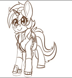 Size: 451x486 | Tagged: safe, artist:brainiac, derpibooru exclusive, imported from derpibooru, oc, oc only, oc:littlepip, pony, unicorn, fallout equestria, brainiacs sketchbook (set), clothes, female, grayscale, jacket, mare, monochrome, simple background, sketch, solo, white background