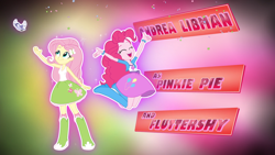 Size: 1920x1080 | Tagged: safe, imported from derpibooru, screencap, fluttershy, pinkie pie, bird, equestria girls, friendship games, andrea libman, balloon, boots, bracelet, clothes, confetti, credits, eyes closed, female, high heel boots, jewelry, jumping, open mouth, opening credits, shoes, skirt, socks, sparkles