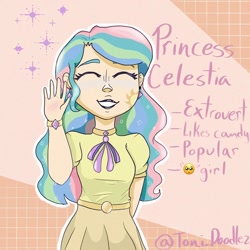 Size: 1080x1080 | Tagged: safe, artist:toni.doodlez, imported from derpibooru, princess celestia, human, alternative cutie mark placement, bracelet, clothes, dress, eyes closed, female, humanized, jewelry, smiling, solo, waving