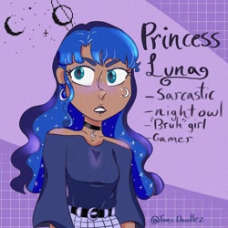 Size: 1080x1080 | Tagged: safe, artist:toni.doodlez, imported from derpibooru, princess luna, human, alternative cutie mark placement, bracelet, bust, choker, clothes, dark skin, dress, ear piercing, earring, ethereal mane, female, humanized, jewelry, piercing, solo, starry mane