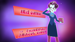 Size: 1920x1080 | Tagged: safe, imported from derpibooru, principal abacus cinch, equestria girls, friendship games, antagonist, beauty mark, clothes, credits, ear piercing, earring, female, glasses, iris quinn, jewelry, lipstick, makeup, multicolored hair, opening credits, piercing, pink hair, purple hair, short hair, solo