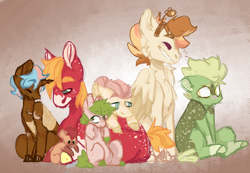 Size: 1024x708 | Tagged: safe, artist:shyhandart, imported from derpibooru, big macintosh, fluttershy, oc, oc:apple jelly, oc:buckskin, oc:honey bug, oc:sable, oc:sweet pea, earth pony, pegasus, pony, unicorn, abstract background, adopted offspring, alternate design, alternate hairstyle, baby, baby pony, blank flank, blind, body freckles, colt, cuddling, family, female, filly, fluttermac, freckles, hair bun, male, mare, missing limb, offspring, parent:big macintosh, parent:fluttershy, parents:fluttermac, scar, shipping, stallion, straight