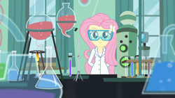 Size: 1920x1080 | Tagged: safe, imported from derpibooru, screencap, fluttershy, equestria girls, friendship games, beaker, butt, chemicals, chemistry, clothes, flask, lab, lab coat, safety goggles, science