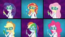 Size: 1920x1080 | Tagged: safe, imported from derpibooru, screencap, applejack, fluttershy, pinkie pie, rainbow dash, rarity, sunset shimmer, acadeca, equestria girls, friendship games, clothes, female, gloves, goggles, humane five, lab coat, rubber gloves, safety goggles, sunset the science gal, test tube