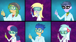 Size: 1920x1080 | Tagged: safe, imported from derpibooru, screencap, bon bon, derpy hooves, flash sentry, lyra heartstrings, microchips, sandalwood, sweetie drops, acadeca, equestria girls, friendship games, clothes, gloves, goggles, lab coat, rubber gloves, test tube