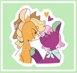 Size: 1280x1212 | Tagged: safe, artist:amazingly-gay-evan, imported from derpibooru, applejack, cheerilee, earth pony, pony, applejack's hat, cheerijack, clothes, cowboy hat, female, freckles, green background, hat, heart, lesbian, looking at each other, shawl, shipping, shoulder freckles, simple background