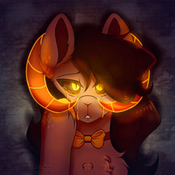 Size: 4300x4300 | Tagged: safe, artist:tuzz-arts, imported from derpibooru, oc, oc only, oc:madana, demon, demon pony, earth pony, fluffy pony, original species, pony, black sclera, bow, bowtie, chest fluff, crying, female, glowing eyes, glowing horn, glowing horns, horn, horns, simple background, solo, tears of sadness, teary eyes