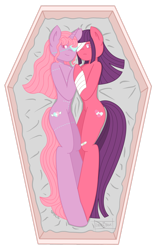 Size: 1024x1647 | Tagged: safe, artist:lolitablue, imported from derpibooru, oc, oc only, anthro, earth pony, semi-anthro, unguligrade anthro, unicorn, arm hooves, bandage, coffin, earth pony oc, eyepatch, female, horn, lying down, siblings, simple background, sisters, transparent background, unicorn oc