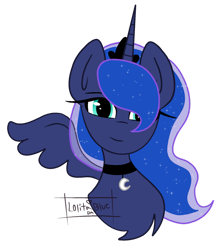 Size: 1024x1169 | Tagged: safe, artist:lolitablue, imported from derpibooru, princess luna, alicorn, pony, chest fluff, choker, ethereal mane, jewelry, signature, simple background, smiling, solo, starry mane, tiara, transparent background