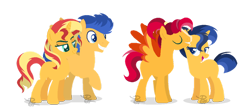 Size: 1024x451 | Tagged: safe, artist:pegasister64, imported from derpibooru, flash sentry, sunset shimmer, oc, family, female, flashimmer, male, offspring, parent:flash sentry, parent:sunset shimmer, parents:flashimmer, shipping, simple background, straight, transparent background