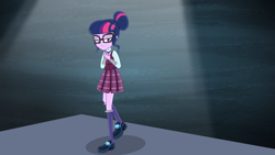 Size: 1920x1080 | Tagged: safe, imported from derpibooru, screencap, sci-twi, twilight sparkle, acadeca, equestria girls, friendship games, clothes, glasses, nervous, shoes, skirt, socks, solo