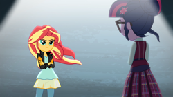 Size: 1920x1080 | Tagged: safe, imported from derpibooru, screencap, sci-twi, sunset shimmer, twilight sparkle, acadeca, equestria girls, friendship games, clothes, crossed arms, crystal prep academy uniform, glasses, school uniform, showdown, skirt