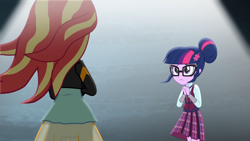 Size: 1920x1080 | Tagged: safe, imported from derpibooru, screencap, sci-twi, sunset shimmer, twilight sparkle, equestria girls, friendship games, clothes, crossed arms, crystal prep academy uniform, glasses, school uniform, showdown, skirt