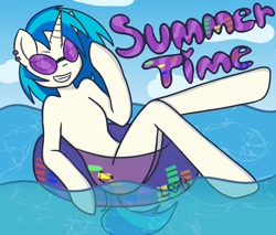Size: 1024x872 | Tagged: safe, artist:lolitablue, imported from derpibooru, dj pon-3, vinyl scratch, semi-anthro, unicorn, cloud, ear piercing, female, floaty, grin, outdoors, piercing, smiling, solo, sunglasses, text, water