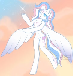 Size: 1024x1053 | Tagged: safe, artist:lolitablue, imported from derpibooru, star catcher, anthro, pegasus, semi-anthro, unguligrade anthro, arm hooves, female, one eye closed, solo, sparkles, wink