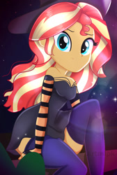 Size: 1615x2397 | Tagged: safe, artist:artmlpk, imported from derpibooru, sunset shimmer, equestria girls, adorable face, adorasexy, adorkable, alternate hairstyle, beautiful, black dress, clothes, costume, cute, digital art, dork, dress, female, hair, halloween, hat, holiday, sexy, shimmerbetes, socks, solo, thigh highs, thighs, watermark, witch, witch hat