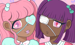 Size: 1024x622 | Tagged: safe, artist:lolitablue, imported from derpibooru, oc, human, bust, clothes, dark skin, duo, eyepatch, female, humanized, lipstick, siblings, sisters