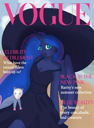 Size: 1280x1741 | Tagged: safe, artist:lolitablue, imported from derpibooru, princess luna, tiberius, alicorn, anthro, opossum, clothes, dress, ethereal mane, female, hat, magazine cover, sitting, starry mane, sun hat