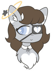Size: 1024x1315 | Tagged: safe, artist:lolitablue, imported from derpibooru, oc, oc only, earth pony, pony, bust, chest fluff, choker, earth pony oc, eyepatch, female, halo, mare, signature, simple background, smiling, solo, transparent background