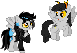 Size: 2330x1620 | Tagged: safe, artist:lightningbolt, derpibooru exclusive, imported from derpibooru, oc, oc only, oc:lightning dee, pegasus, pony, .svg available, bow, choker, clothes, colored sclera, confused, duo, duo female, dyed mane, fangs, female, flying, happy birthday mlp:fim, homestuck, hoodie, hoof on chest, horns, mlp fim's tenth anniversary, open mouth, raised hoof, self ponidox, show accurate, simple background, spiked choker, spiked wristband, spread wings, svg, tail bow, transparent background, troll, troll (homestuck), vector, vulgar description, wings, wristband