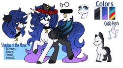 Size: 1900x1048 | Tagged: safe, artist:silentwolf-oficial, imported from derpibooru, oc, oc only, alicorn, bat pony, bat pony alicorn, pony, bat wings, collar, colored hooves, ethereal mane, eyes closed, floral head wreath, flower, glasses, horn, raised hoof, reference sheet, simple background, starry mane, transparent background, wings