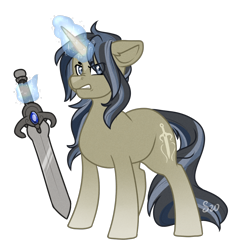 Size: 878x938 | Tagged: safe, artist:silentwolf-oficial, imported from derpibooru, oc, oc only, pony, unicorn, glowing horn, horn, magic, signature, simple background, solo, sword, telekinesis, transparent background, unicorn oc, weapon