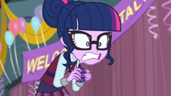 Size: 1920x1080 | Tagged: safe, imported from derpibooru, screencap, sci-twi, twilight sparkle, equestria girls, friendship games, balloon, clothes, faic, female, glasses, magic capture device, shocked, solo, surprised, teeth