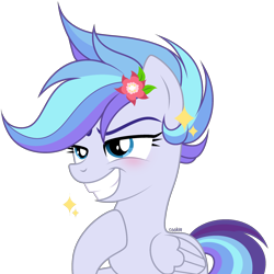 Size: 2600x2605 | Tagged: safe, artist:lazuli, artist:mint-light, imported from derpibooru, oc, oc only, pegasus, pony, commission, flower, flower in hair, grin, hoof on chest, hooves to the chest, pegasus oc, simple background, smiling, smug, solo, transparent background, wings, ych result