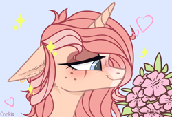 Size: 3000x2044 | Tagged: safe, artist:lazuli, artist:mint-light, imported from derpibooru, oc, oc only, pony, unicorn, blushing, bouquet, bust, commission, flower, freckles, heart, horn, signature, smiling, solo, unicorn oc, ych result