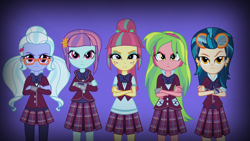 Size: 1920x1080 | Tagged: safe, imported from derpibooru, screencap, indigo zap, lemon zest, sour sweet, sugarcoat, sunny flare, equestria girls, friendship games, clothes, crossed arms, crystal prep academy uniform, crystal prep shadowbolts, female, high res, meme origin, school uniform, shadow five, shadowbolt comments, unleash the magic