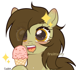 Size: 1435x1313 | Tagged: safe, artist:lazuli, artist:mint-light, imported from derpibooru, oc, oc only, earth pony, pony, :d, bust, commission, earth pony oc, eyelashes, food, hoof hold, ice cream, ice cream cone, open mouth, simple background, solo, transparent background, ych result