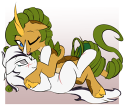 Size: 746x655 | Tagged: source needed, safe, artist:beardie, imported from derpibooru, oc, oc:eldorada, oc:yiazmat, kirin, unicorn, couple, female, horn, hug, kirin oc, lying down, lying on top of someone, male, pale belly, scar, teary eyes, unicorn oc