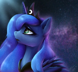 Size: 1164x1080 | Tagged: safe, artist:shamziwhite, imported from derpibooru, princess luna, alicorn, pony, feather, female, lipstick, solo, stars, wings