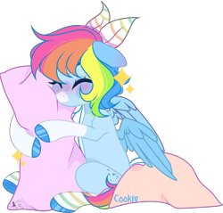 Size: 2329x2230 | Tagged: safe, artist:lazuli, artist:mint-light, imported from derpibooru, oc, oc only, pegasus, pony, blushing, clothes, commission, eyes closed, hoof polish, hug, multicolored hair, not rainbow dash, pegasus oc, pillow, pillow hug, rainbow hair, signature, simple background, socks, solo, striped socks, transparent background, wings, ych result