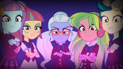 Size: 1920x1080 | Tagged: safe, imported from derpibooru, screencap, indigo zap, lemon zest, sour sweet, sugarcoat, sunny flare, equestria girls, friendship games, clothes, crossed arms, crystal prep academy, crystal prep academy uniform, crystal prep shadowbolts, female, high res, school uniform, shadow five, uniform, unleash the magic