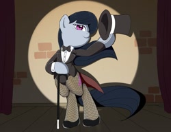 Size: 917x706 | Tagged: safe, artist:vinilyart, imported from derpibooru, octavia melody, earth pony, pony, bipedal, clothes, hat, leotard, light, metal, shoes, solo, standing on two hooves, stick, top hat, tuxedo