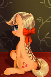 Size: 3000x4500 | Tagged: safe, artist:darksly, imported from derpibooru, applejack, earth pony, alternate hairstyle, braid, braided ponytail, chest fluff, freckles, hoof fluff, hoof shoes, looking at you, looking back, looking back at you, ribbon, sitting, solo