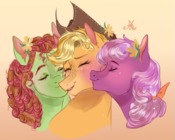 Size: 655x523 | Tagged: safe, artist:bunnari, imported from derpibooru, applejack, cheerilee, tree hugger, earth pony, pony, alternate hairstyle, applehugger, applejack gets all the mares, applejack's hat, blushing, cheek kiss, cheeriapplehugger, cheerihugger, cheerijack, cowboy hat, eyes closed, female, flower, flower in hair, freckles, hat, kiss on the cheek, kiss sandwich, kissing, lesbian, mare, open mouth, orange background, polyamory, shipping, simple background