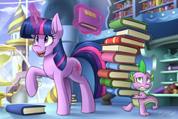 Size: 3300x2200 | Tagged: safe, artist:kaylerustone, imported from derpibooru, spike, twilight sparkle, dragon, unicorn, book, bookshelf, carrying, duo, glowing horn, happy birthday mlp:fim, high res, horn, hourglass, library, magic, mlp fim's tenth anniversary, one hoof raised, open mouth, raised hoof, stack, telekinesis, that pony sure does love books, twilight's canterlot home, unicorn twilight