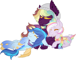 Size: 871x692 | Tagged: safe, artist:kryptidkitty, artist:mourningfog, imported from derpibooru, oc, oc:astro, oc:bright star, bat pony, pony, bandana, bat pony oc, bat wings, beanie, clothes, cuddling, female, group, hat, male, multicolored hair, piercing, rainbow hair, scarf, simple background, stars, transparent background, wings